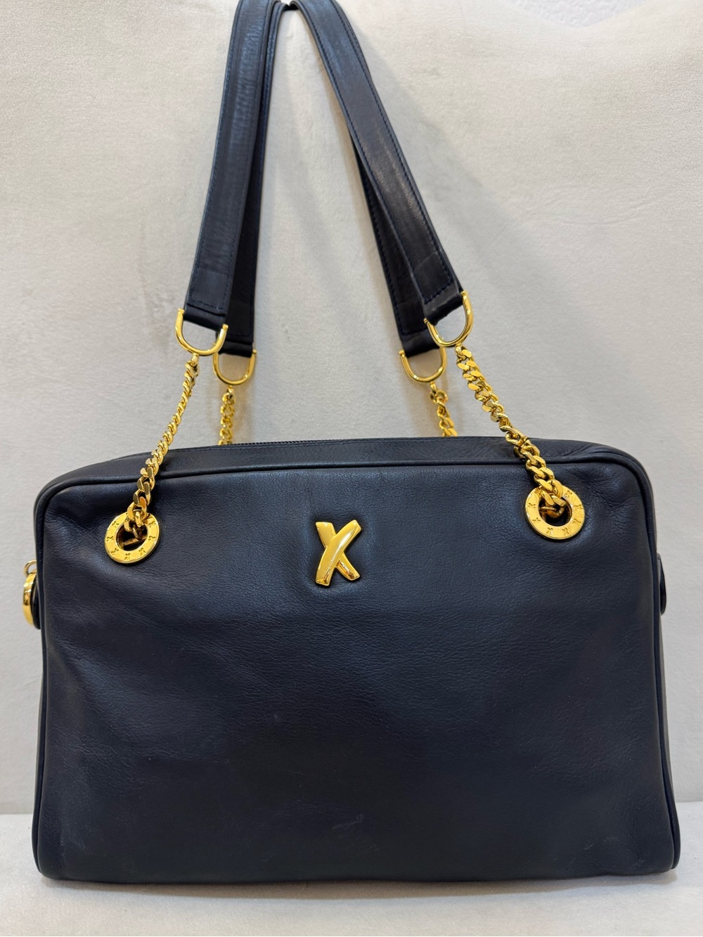 Vintage Paloma Picasso Leather Top Handle Bag Black Gold Hardware Made in Italy